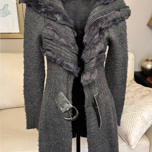 Cecico soft gray cardigan sweater with fur trim